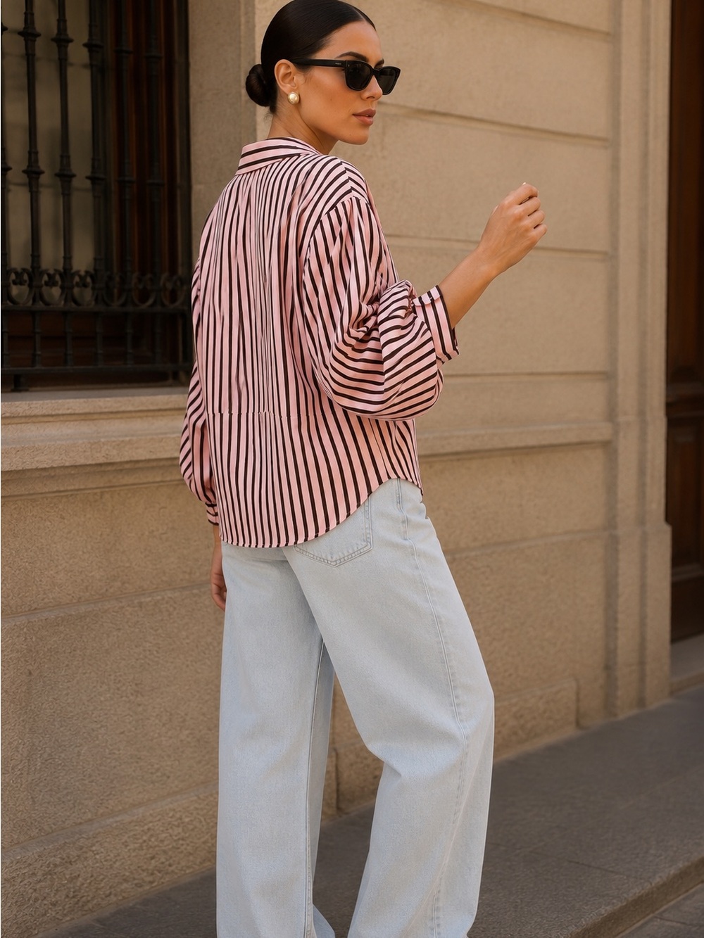 Zara Pink Striped Balloon Sleeve Button Front Shirt Blouse M NWT - Picture 4 of 11